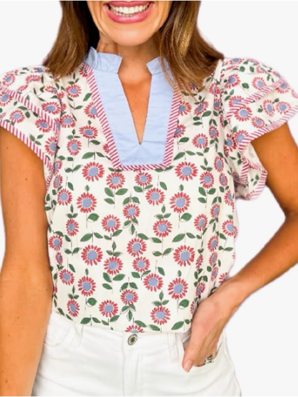 Women’s Floral Split-Neck Top in Cream and Pink